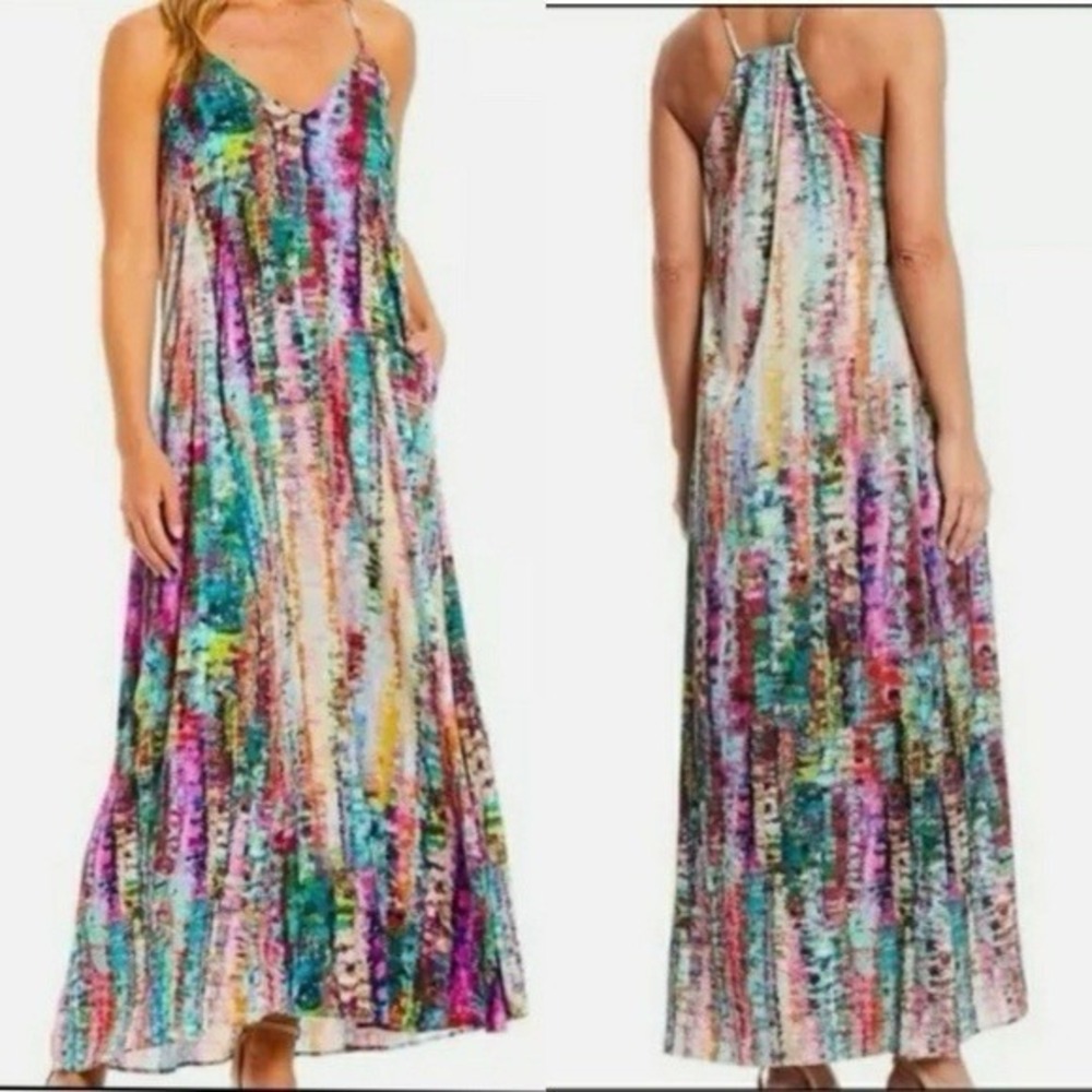 NWT Nicole Miller Watercolor Multicolor Maxi Dress Sz XS